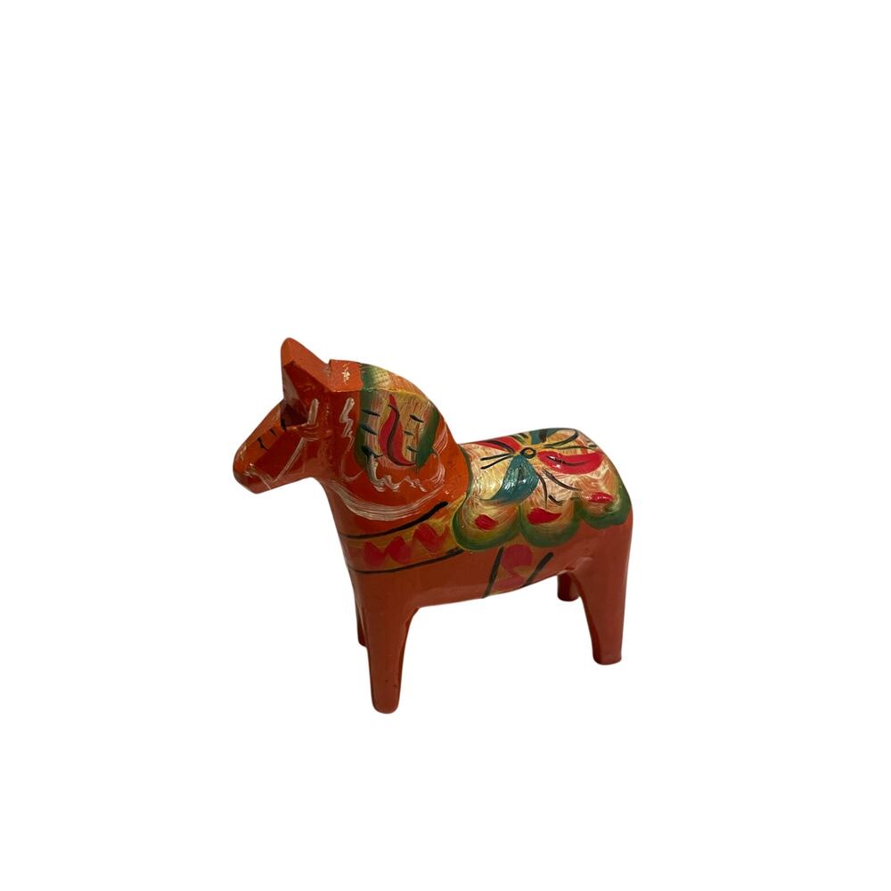 Vintage Awedish Dala Horse 3”x2.75”x1” Orange Blue-green floral design